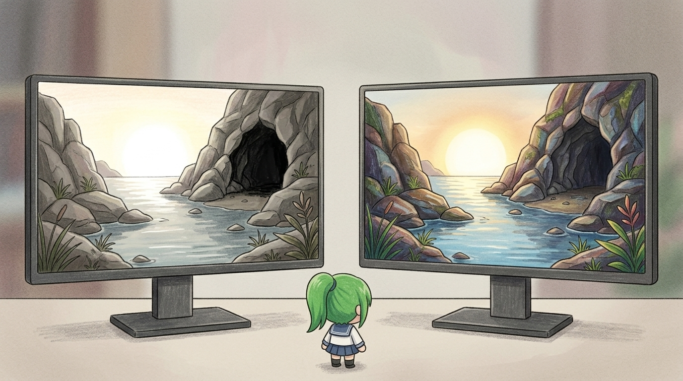 同じゲーム画面をSDR風とHDR風で表示したときの明暗と色の違い